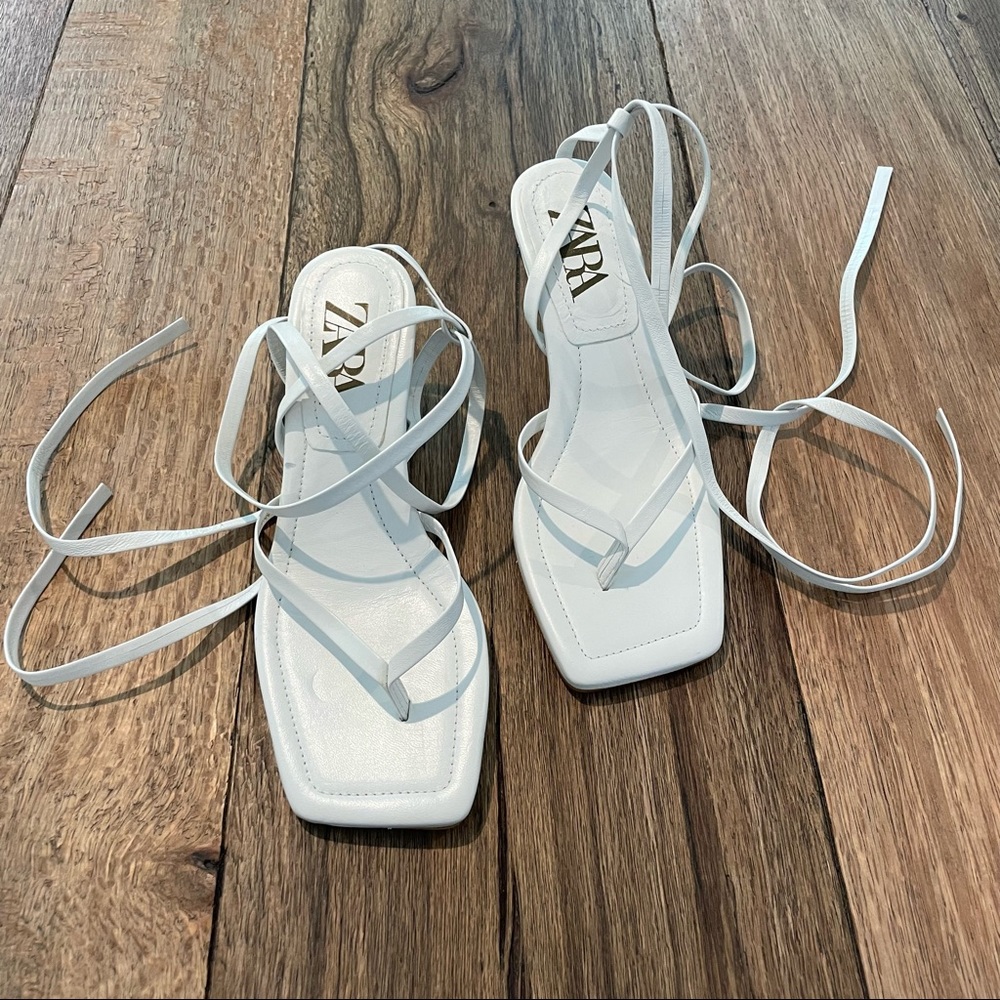 NWOT Zara White Leather Lace Up Heeled Sandals Sz 37